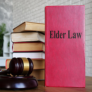 Elder Law textbook with a judge's gavel; legal resources for seniors and estate care.